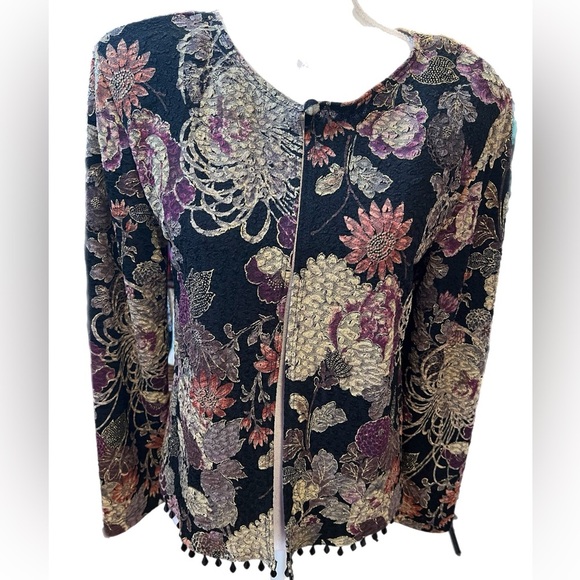 MSK Floral Style Jkt Long Sleeve Shimmer Gold Floral Print Medium Bottom Beads - Picture 1 of 4